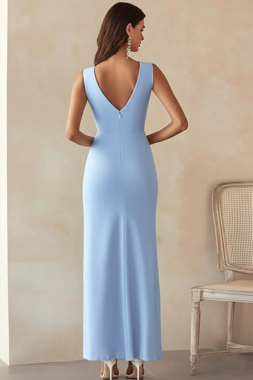 Robe longue de travail en satin bleu ciel à col en V avec fente